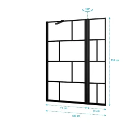 Pare baignoire avec volet pivotant - profile noir mat - 130x104 (HxL) - verre 5mm sérigraphié