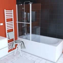PARE BAIGNOIRE AVEC VOLET PIVOTANT 130x105cm PROFILE ALUMINIUM LAQUE BLANC ET VERRE TRANSPARENT