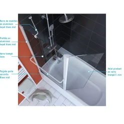 PARE BAIGNOIRE AVEC VOLET PIVOTANT 130x105cm PROFILE ALUMINIUM LAQUE BLANC ET VERRE TRANSPARENT
