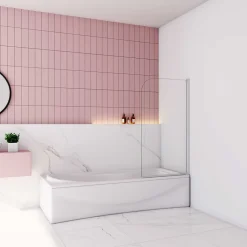 Pare baignoire Blanc mat au angle arrondis pivotant à 180 degrés,L70xH130cm,4mm verre trempé, style industriel
