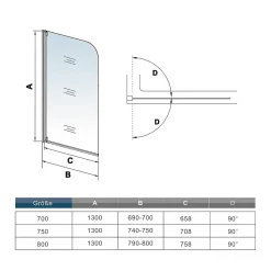 Pare baignoire Blanc mat au angle arrondis pivotant à 180 degrés,L70xH130cm,4mm verre trempé, style industriel