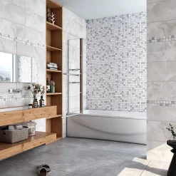 Pare baignoire chromé pivotant L.100 x 140 cm avec 2 étagères et porte-serviette - 6mm verre sécurité