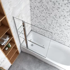 Pare baignoire chromé pivotant L.100 x 140 cm avec 2 étagères et porte-serviette - 6mm verre sécurité