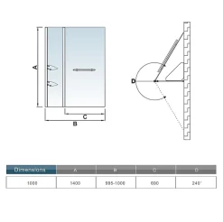 Pare baignoire chromé pivotant L.100 x 140 cm avec 2 étagères et porte-serviette - 6mm verre sécurité