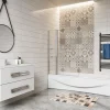 Pare baignoire chromé pivotante L.120 x 140 cm avec 2 étagères - 6mm verre sécurité - solution pratique, élégante