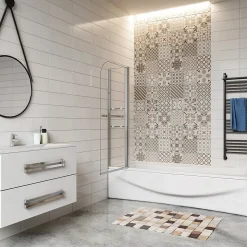 Pare baignoire chromé pivotante L.120 x 140 cm avec 2 étagères - 6mm verre sécurité - solution pratique, élégante