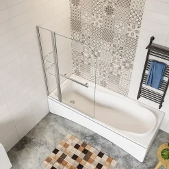 Pare baignoire chromé pivotante L.120 x 140 cm avec 2 étagères - 6mm verre sécurité - solution pratique, élégante