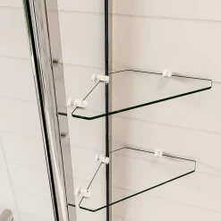 Pare baignoire chromé pivotante L.120 x 140 cm avec 2 étagères - 6mm verre sécurité - solution pratique, élégante