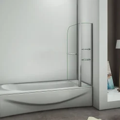 Pare baignoire chromé pivotante L.100 x 140 cm avec 2 étagères - 6mm verre sécurité - solution pratique, élégante
