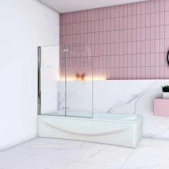 Pare baignoire Chrome au angle arrondis pivotant 180 degrés L100xH140cm, 6mm verre anticalcaire avec bande central dépoli