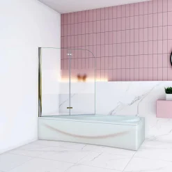 Pare baignoire Chrome au angle arrondis pivotant 180 degrés L100xH140cm, 6mm verre anticalcaire avec bande central dépoli