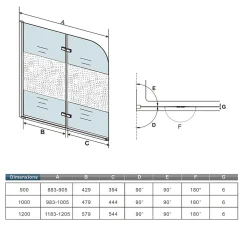 Pare baignoire Chrome au angle arrondis pivotant 180 degrés L100xH140cm, 6mm verre anticalcaire avec bande central dépoli