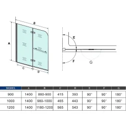 Pare baignoire Chrome au angle arrondis pivotant 180 degrés,L100xH140cm, 6mm verre anticalcaire avec porte serviette