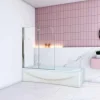 Pare baignoire Chrome au angle arrondis pivotant 180 degrés L90xH140cm,6mm verre anticalcaire avec bande central dépoli