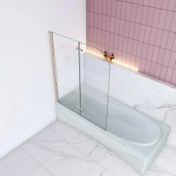 Pare baignoire Chrome au angle arrondis pivotant 180 degrés L90xH140cm,6mm verre anticalcaire avec bande central dépoli