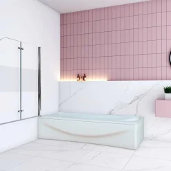 Pare baignoire Chrome au angle arrondis pivotant 180 degrés L90xH140cm,6mm verre anticalcaire avec bande central dépoli