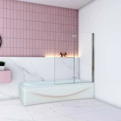 Pare baignoire Chrome au angle arrondis pivotant 180 degrés,L120xH140cm, 6mm verre anticalcaire avec porte serviette
