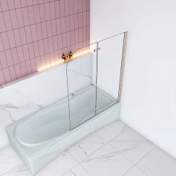 Pare baignoire Chrome au angle arrondis pivotant 180 degrés,L120xH140cm, 6mm verre anticalcaire avec porte serviette