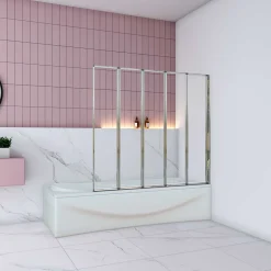Pare baignoire Chrome pliante,L120xH140cm avec pliante 5 volets pliants 180 degrés,Installation réversible,4mm verre trempé