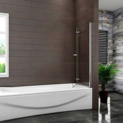 Pare baignoire L.120 x H.140cm pivotant à 180 avec 2 étagères et porte-serviette - 6mm verre sécurit -Installation réversible