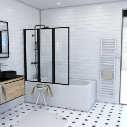 Pare baignoire Pivotant 3 Volets Noir Mat - 125x143 cm - Verre Trempé 4 mm - ZAGGY DARK