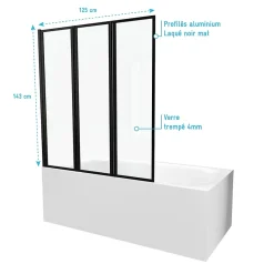 Pare baignoire Pivotant 3 Volets Noir Mat - 125x143 cm - Verre Trempé 4 mm - ZAGGY DARK
