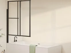 Pare baignoire pivotant et relevable avec porte serviette - Noir mat - 120 x 140 cm - VESLIRA