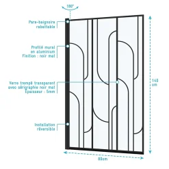 Pare baignoire pivotant l.80 x H.140 cm profilés noirs, Galedo Art Déco