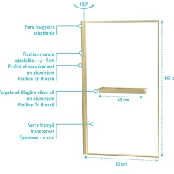 Pare baignoire pivotant l.80 x H.140 cm profilés doré brossé avec porte serviette et étagère, Galedo Edge