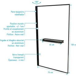 Pare baignoire pivotant l.75 x H.130 cm profilés noirs avec porte serviette et étagère, Galedo Edge