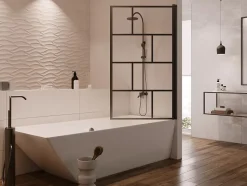 Pare baignoire pivotant style industriel - 80 x 140 cm - Noir mat - Verre - RIVANON