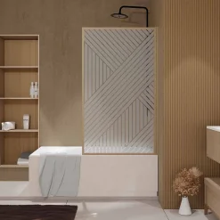 Pare baignoire pivotant 140x80 cm HINATA - style Japandi géométrique - Cadre effet bois - Verre 5 mm