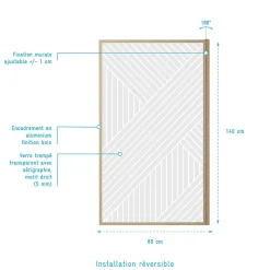 Pare baignoire pivotant 140x80 cm HINATA - style Japandi géométrique - Cadre effet bois - Verre 5 mm