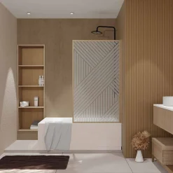 Pare baignoire pivotant 140x80 cm HINATA - style Japandi géométrique - Cadre effet bois - Verre 5 mm