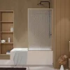 Pare baignoire pivotant 140x80 cm HINATA - style Japandi courbes douces Cadre effet bois - Verre 5mm
