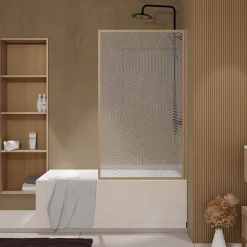 Pare baignoire pivotant 140x80 cm HINATA - style Japandi courbes douces Cadre effet bois - Verre 5mm