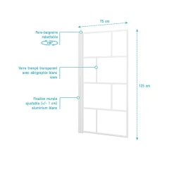 Pare Baignoire Rabattable 75x125cm - Sérigraphie Briques Blanches - Verre Trempé 4mm