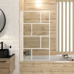 Pare Baignoire Rabattable 80x140cm - Sérigraphie Briques Blanches - Verre Trempé 4mm