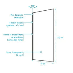Pare Baignoire Rabattable 75x130 cm - Aluminium Gun Metal et Verre Trempé 4 mm
