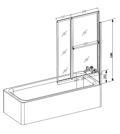 Pare baignoire relevable 139x105cm avec volet - verre transparent avec bande depolie