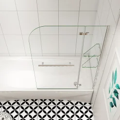 pare baignoire 120x140cm paravent pivotant avec porte-serviette en inox et 2 étagères,5mm verre de sécurit,facile à pose