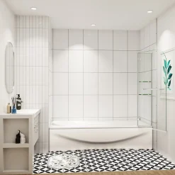 pare baignoire 120x140cm paravent pivotant avec porte-serviette en inox et 2 étagères,5mm verre de sécurit,facile à pose