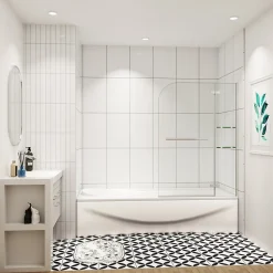 pare baignoire 90x140cm paravent pivotant avec porte-serviette en inox et 2 étagères,5mm verre de sécurit,facile à pose