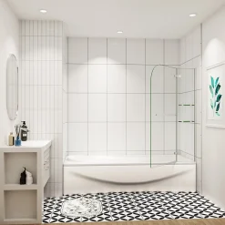 pare baignoire 90x140cm paravent pivotant avec porte-serviette en inox et 2 étagères,5mm verre de sécurit,facile à pose