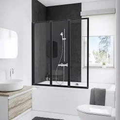 Pare-baignoire à coller pivotant 3 volets pliables, 127 x 140 cm, style verrière industrielle, verre transparent 3mm, profilé noir mat, Schulte Golf