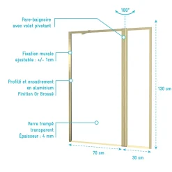 Pare-baignoire fixe avec volet pivotant 130+30 x 70 cm, profilés alu doré brossé, Galedo Golden Edge