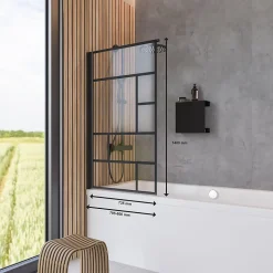 Pare-baignoire pivotant 1 volet, 80 x 140 cm, style verrière industrielle, verre transparent anticalcaire 5 mm, profilé noir mat, Schulte Atelier
