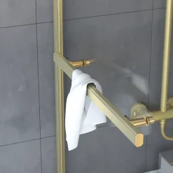 Pare-baignoire pivotant 150 x 85 cm, profilés alu doré brossé, porte-serviette, Galedo Prime