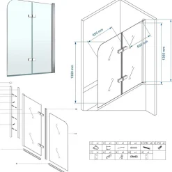 Pare-baignoire rabattable BALY en verre 6 mm transparent 140 x 140 cm