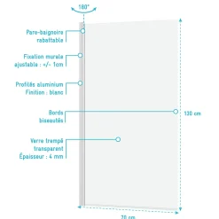 Pare-baignoire rabattable 130 x 70 cm, profilés alu blanc mat, Galedo Essentiel